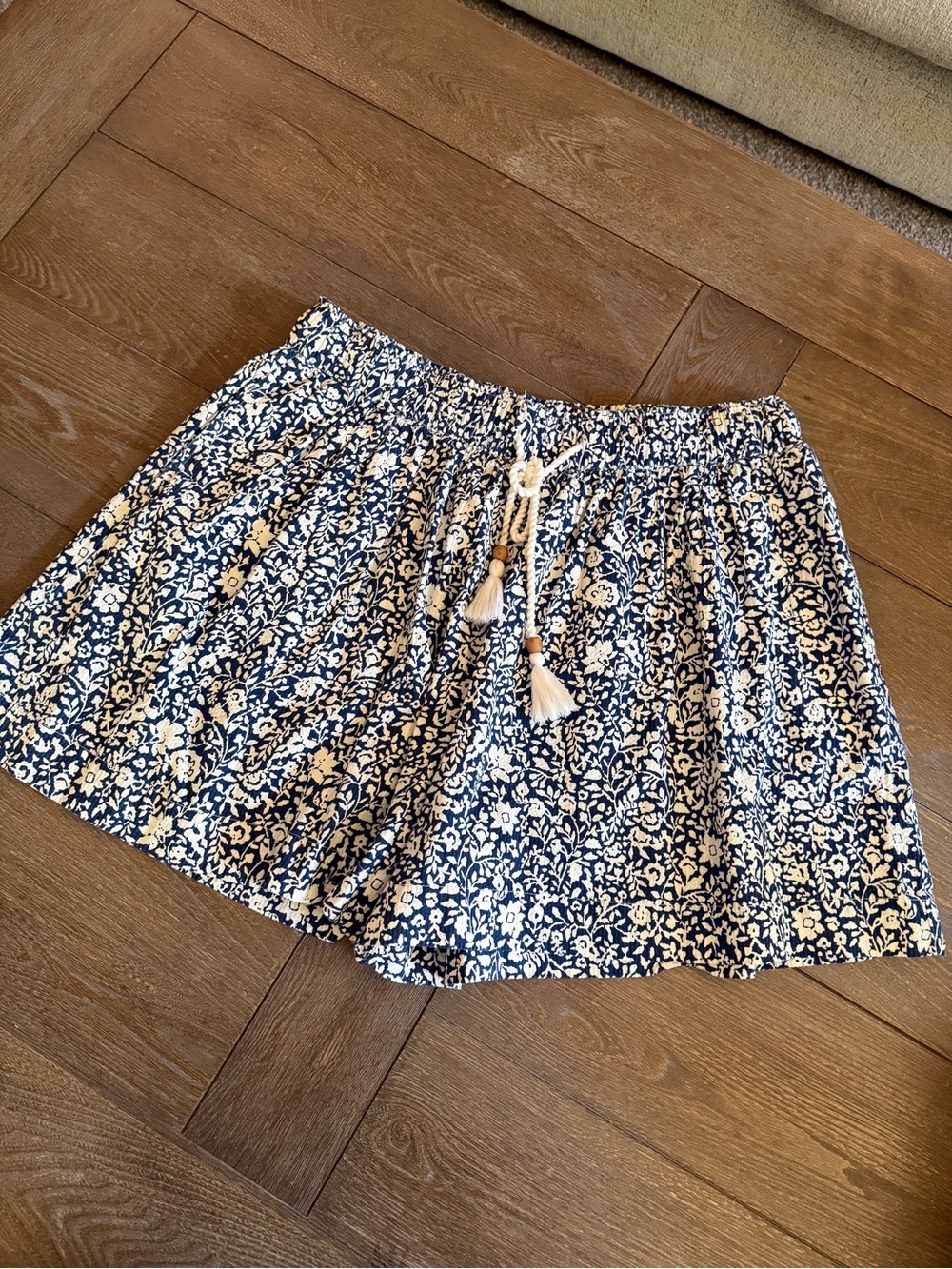 Blue and White Faherty Floral Paperbag Waist Drawstring Shorts